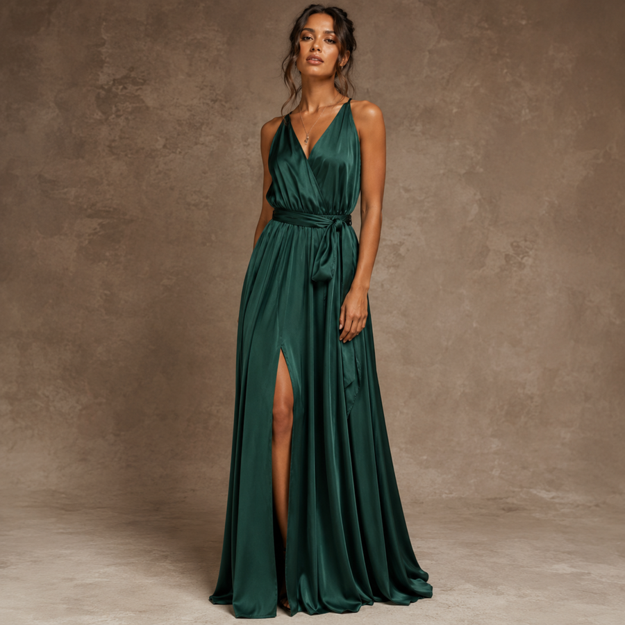 Emerald Embrace Maxi Dress  —  Satin Tie-Waist with Slit