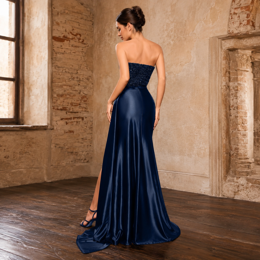 Gilded Garden Navy Sequin Strapless Gown
