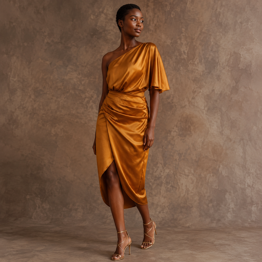 Golden Bliss One-Shoulder Satin Midi Dress