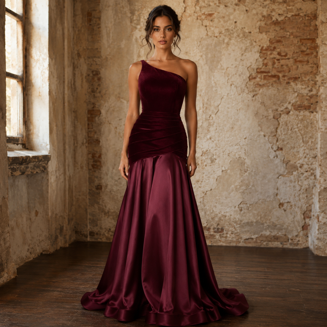 Crimson Promise One-Shoulder Velvet Satin Gown