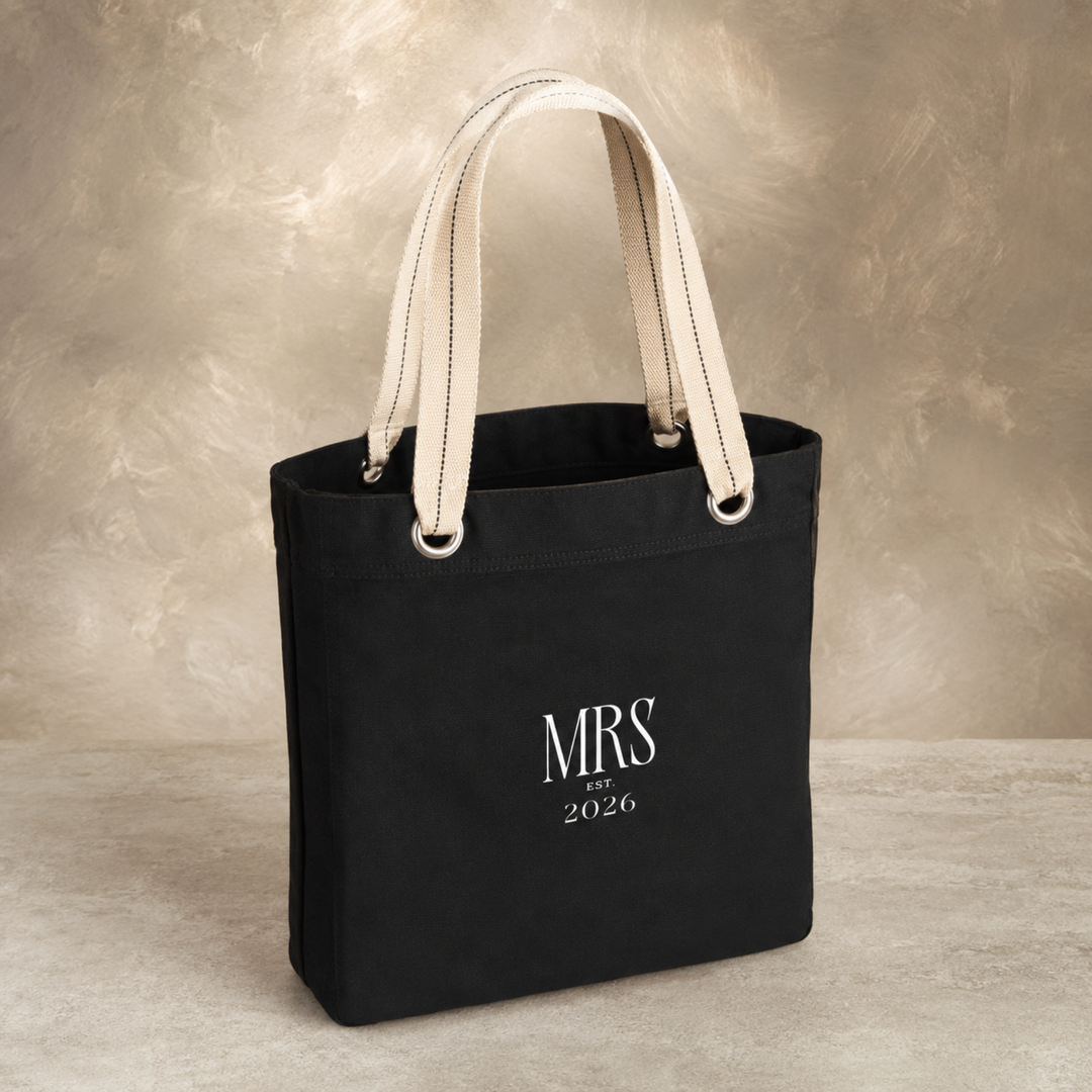 Midnight Union Bridal Extra Large Tote Bag  —  Mrs Est. 2026 Black Wedding Carryall