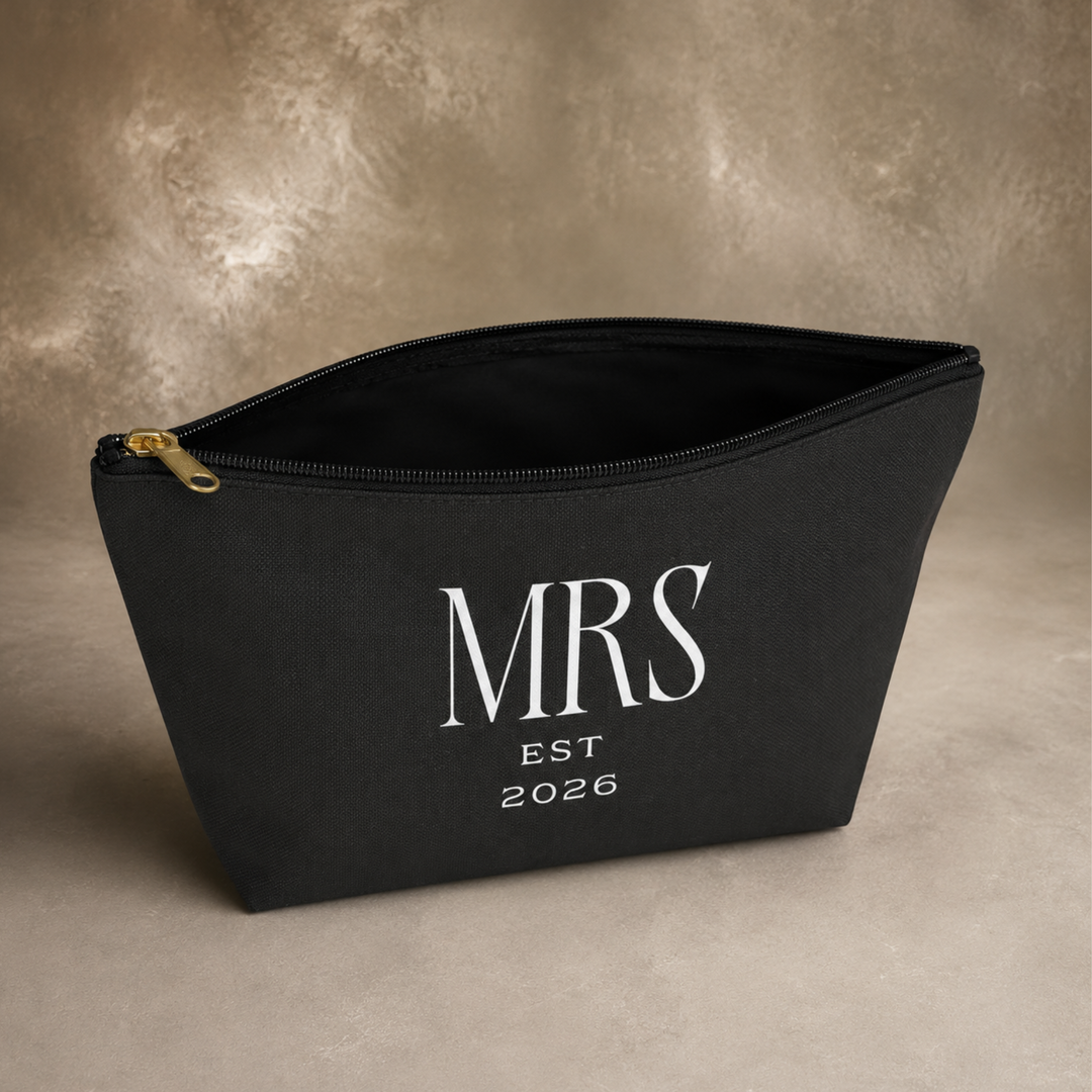 Midnight Union Bridal Pouch  —  Mrs Est 2026 Travel Makeup Bag & Accessory Pouch w T-bottom