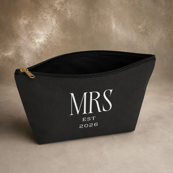 Midnight Union Bridal Pouch  —  Mrs Est 2026 Travel Makeup Bag & Accessory Pouch w T-bottom