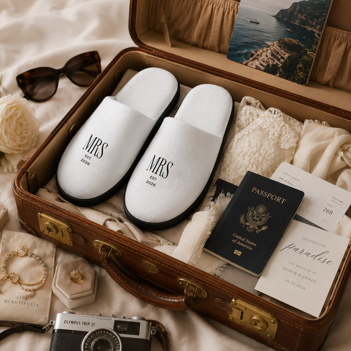 Pearl Union Bridal Slippers  —  Mrs Est. 2026 Getting Ready Shoes for Wedding Morning