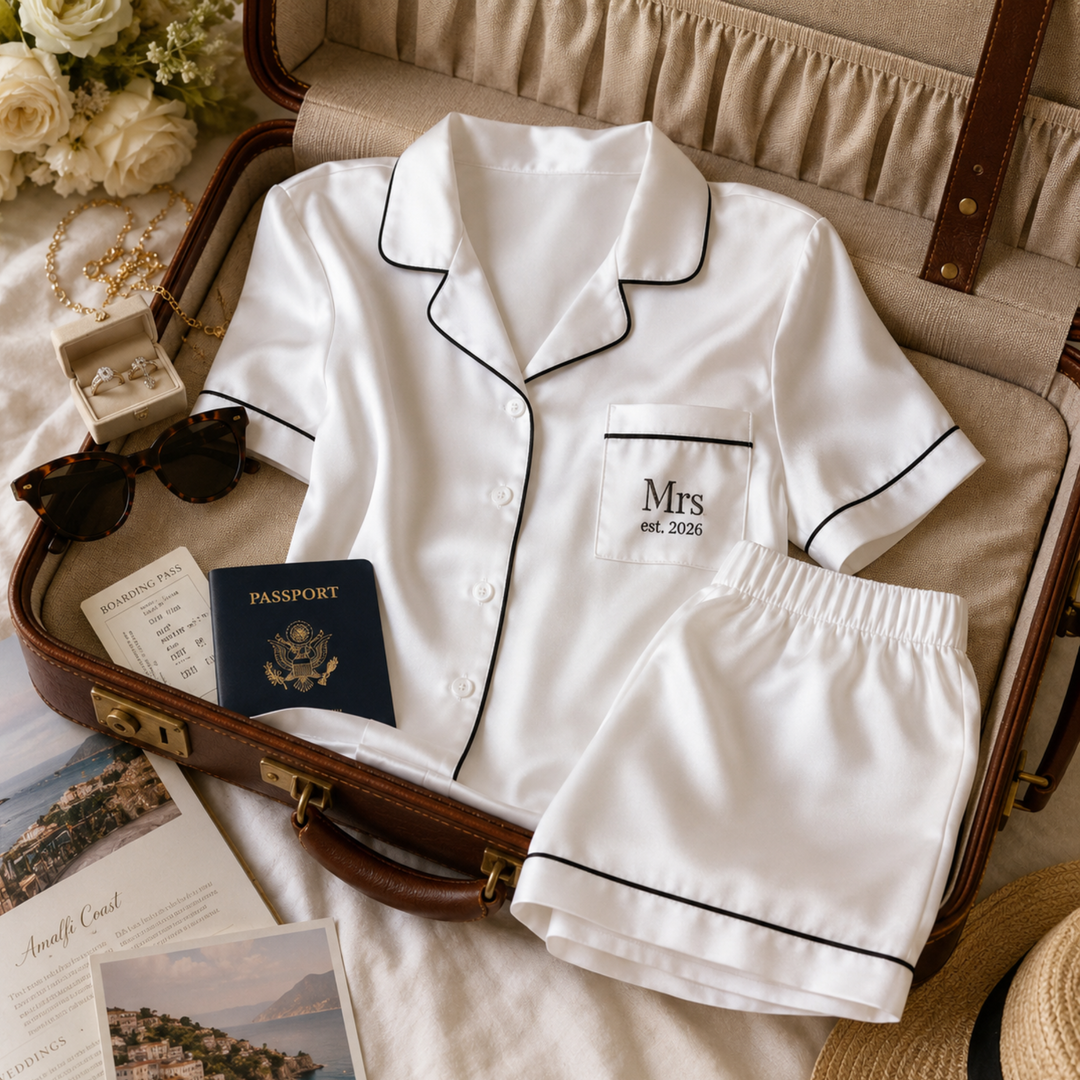Pearl Union Mrs Est. 2026 White Satin Bridal Pajama Set  —  Wedding Morning Outfit
