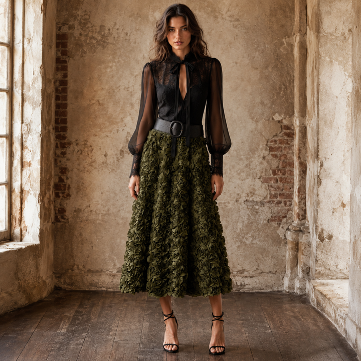 Petal Bloom Rosette Midi Skirt