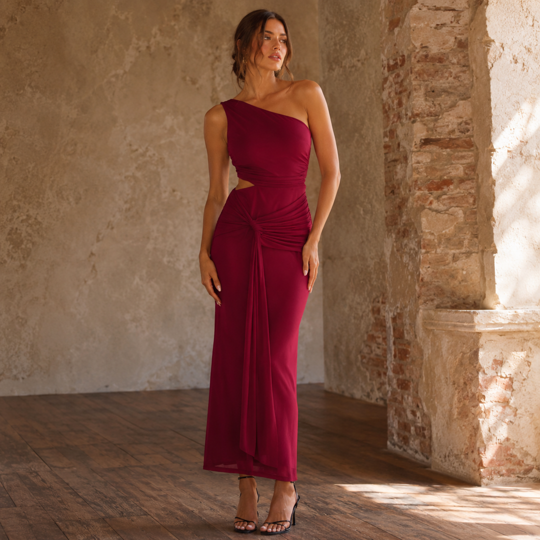 Crimson Allure One-Shoulder Gown