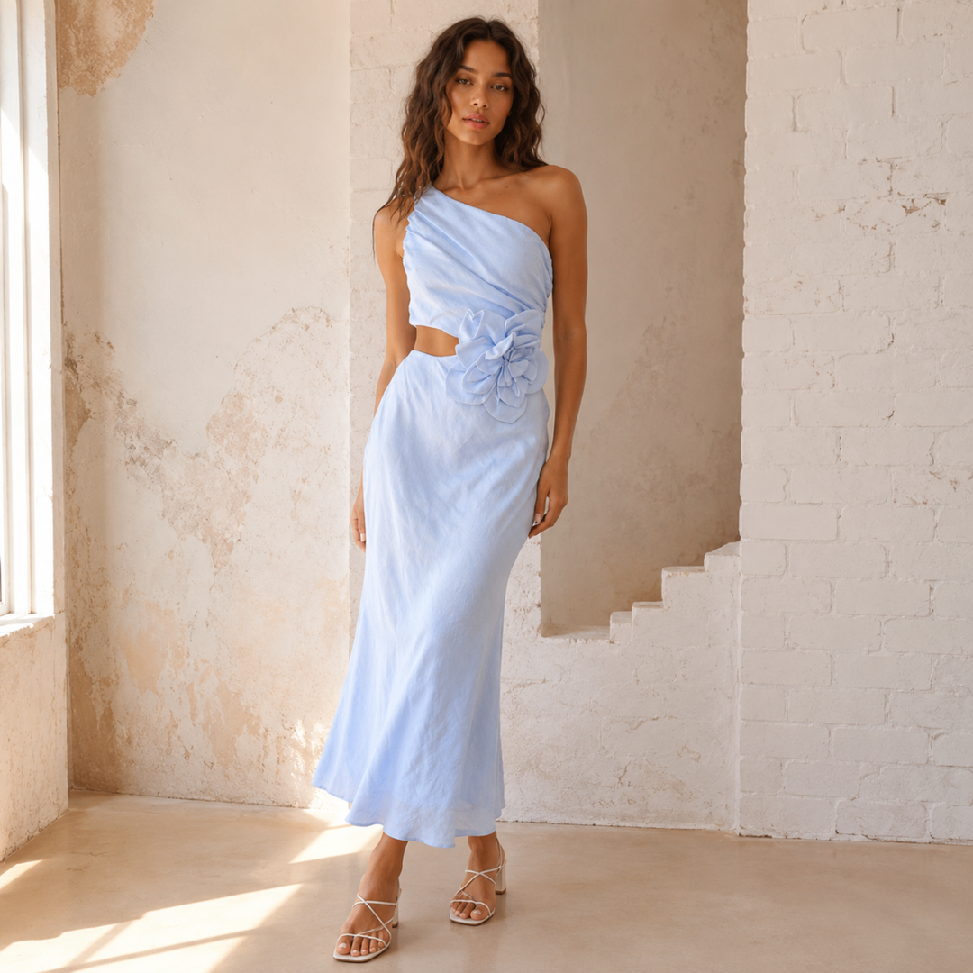 Azure Reverie One-Shoulder Cutout Floral Gown