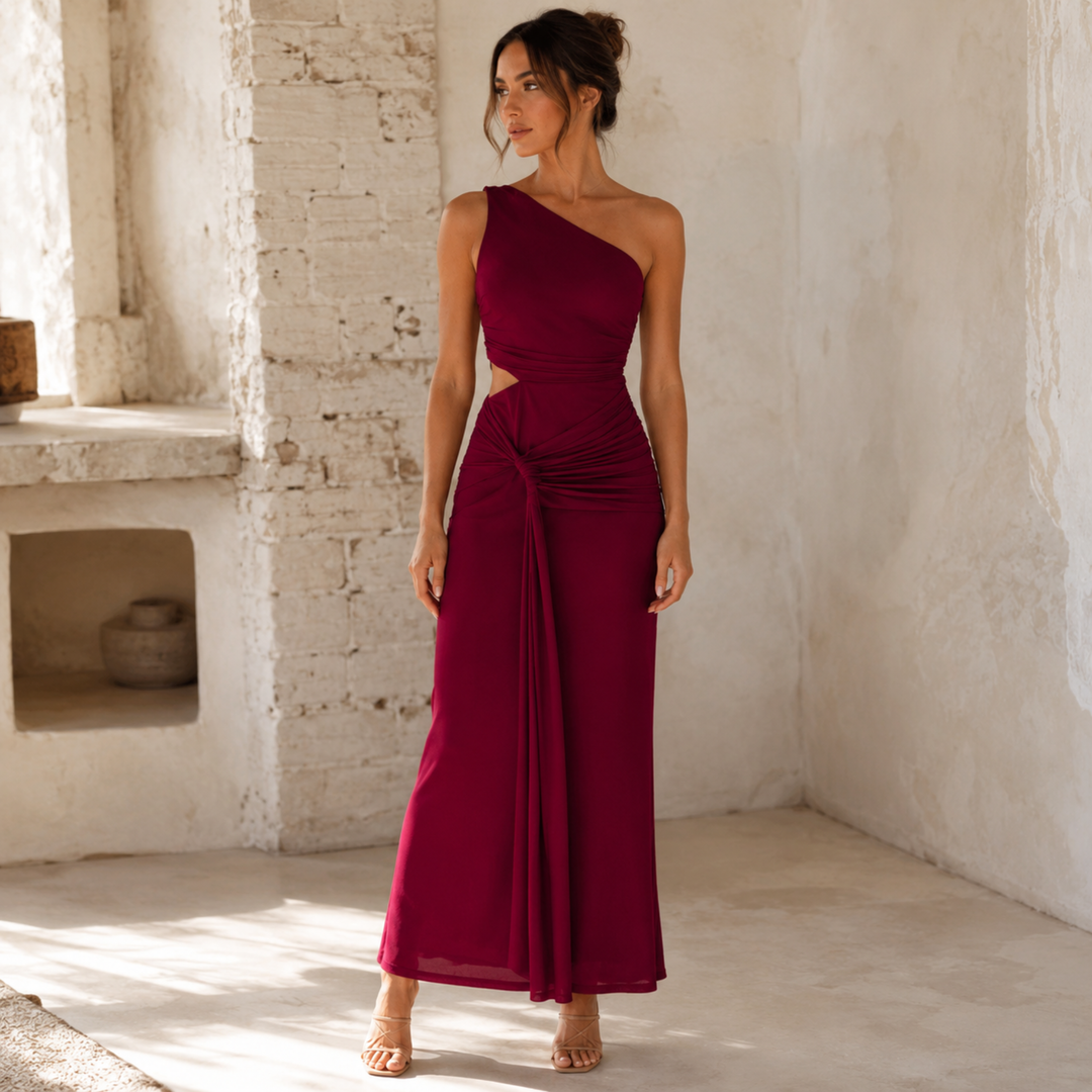 Crimson Allure One-Shoulder Gown