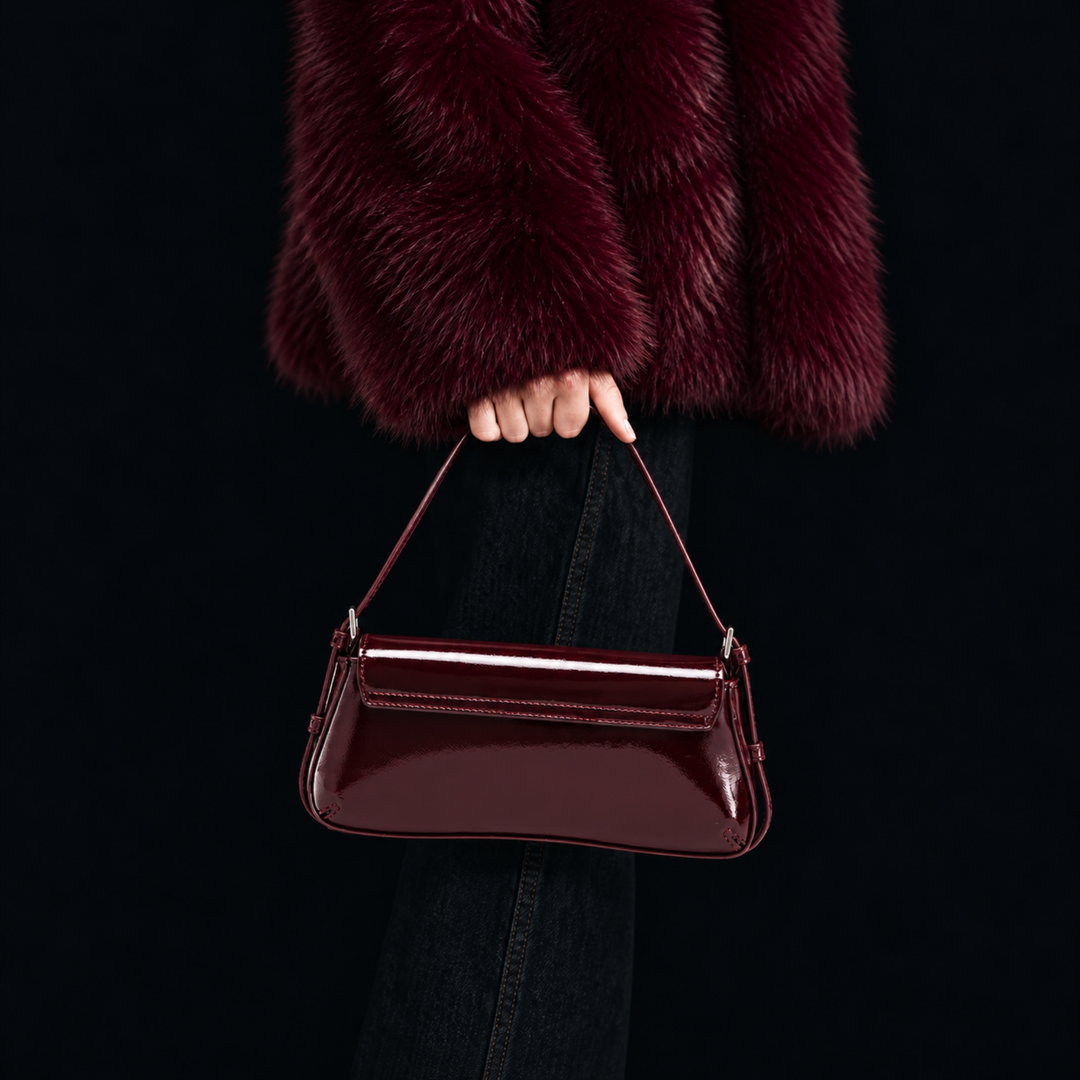 Crimson Promise Deep Burgundy Glossy Baguette Shoulder Bag