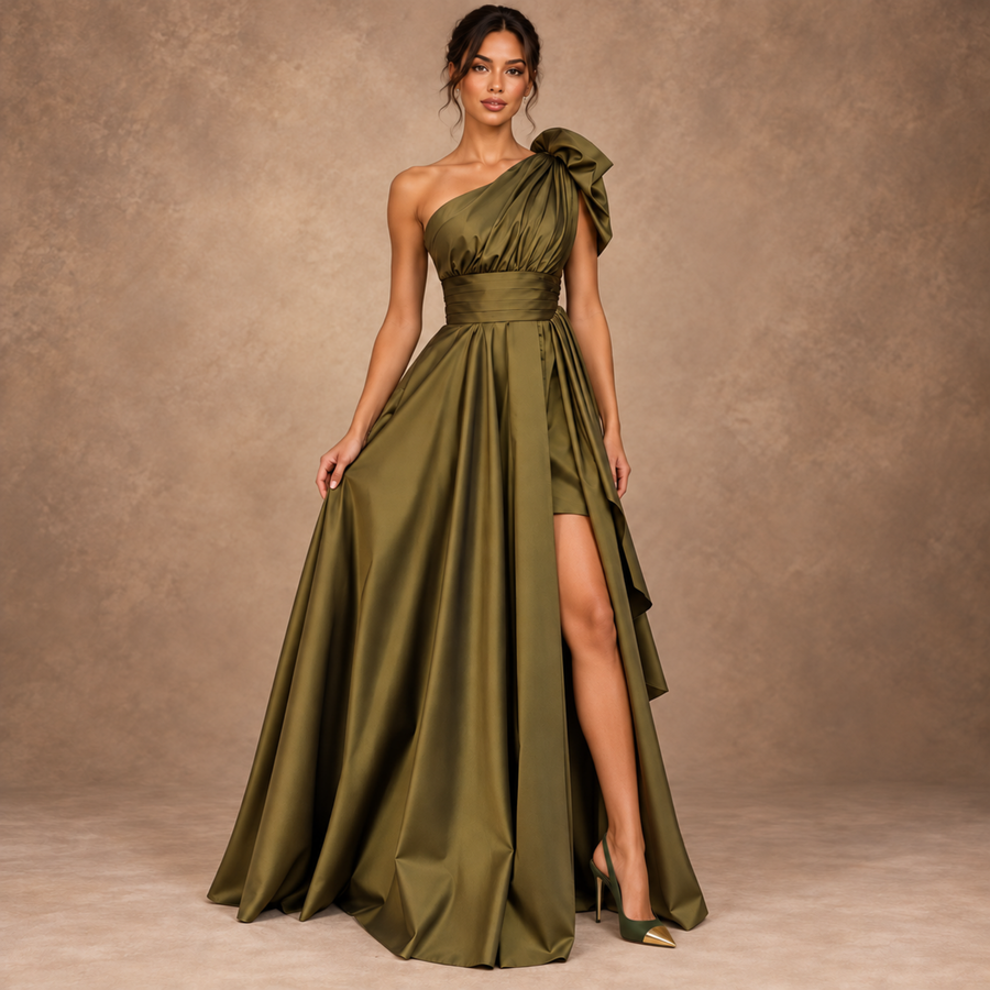 Olive Green One-Shoulder High-Slit Maxi Dress
