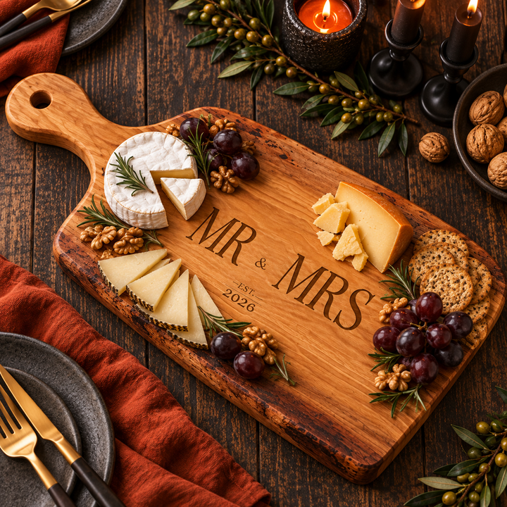 Mr. & Mrs. Est. 2026 Live-Edge Cherry Wood Serving Board