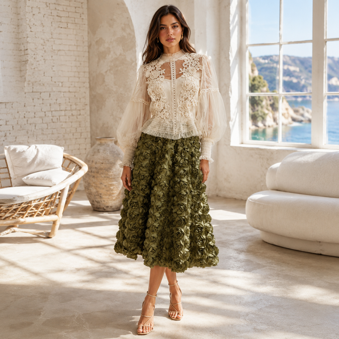 Petal Bloom Rosette Midi Skirt