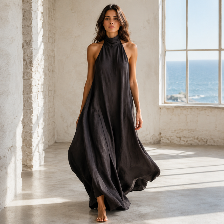 Chocolate Amour Flowing Halter Maxi Dress