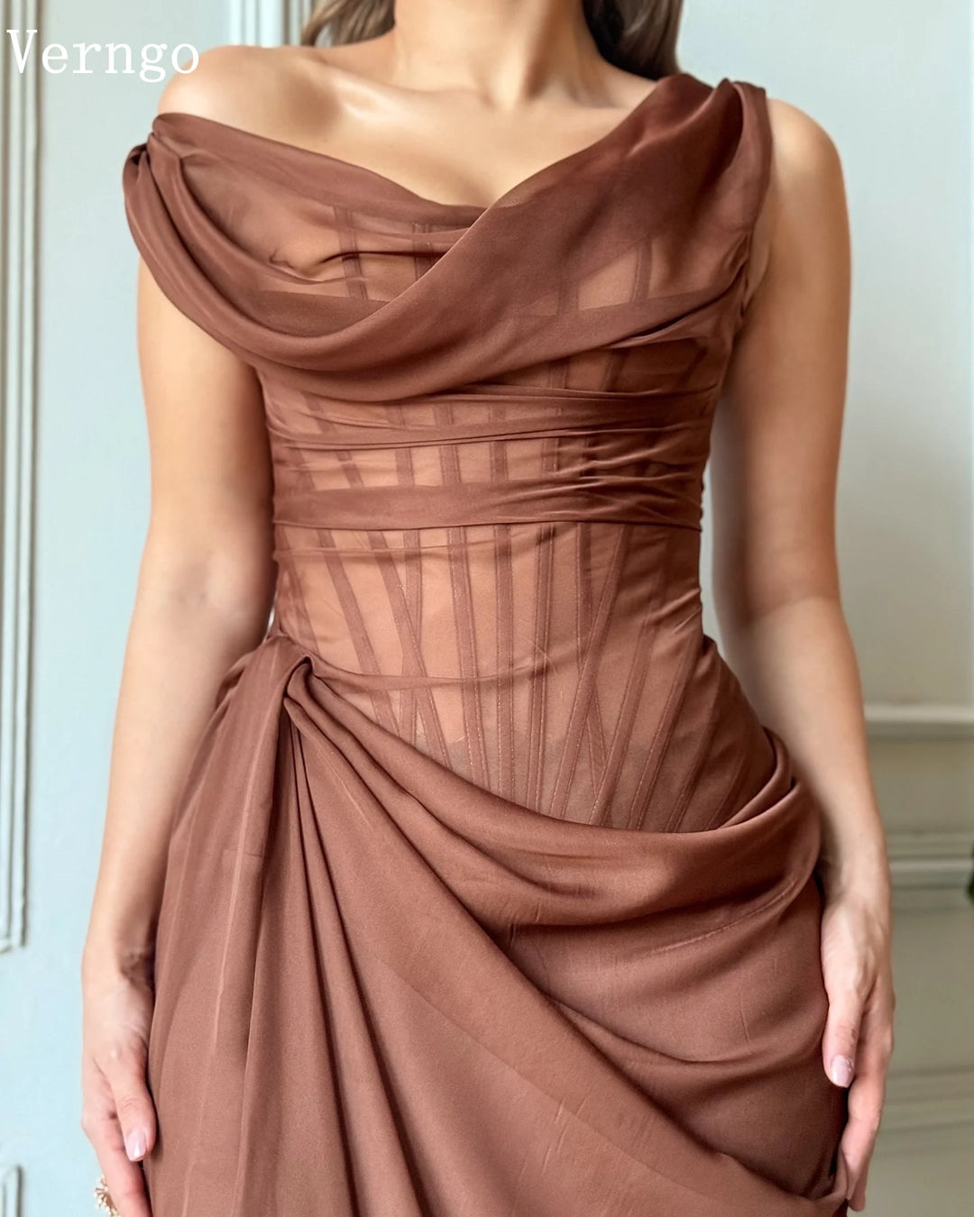 Chocolate Amour Draped Corset One-Shoulder Satin Gown – Destination Wedding Evening Dress