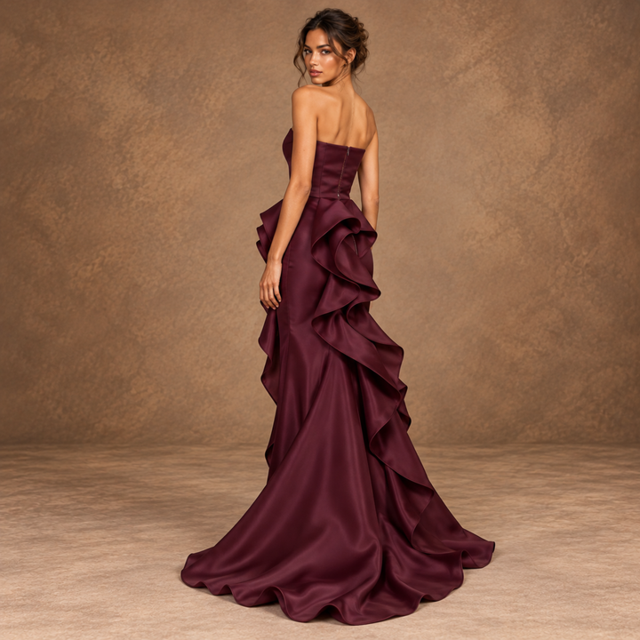Crimson Promise Burgundy Strapless Ruffled Satin Evening Gown
