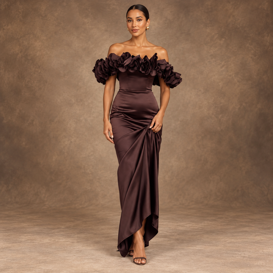 Chocolate Amour Floral Off-Shoulder Satin Mermaid Gown