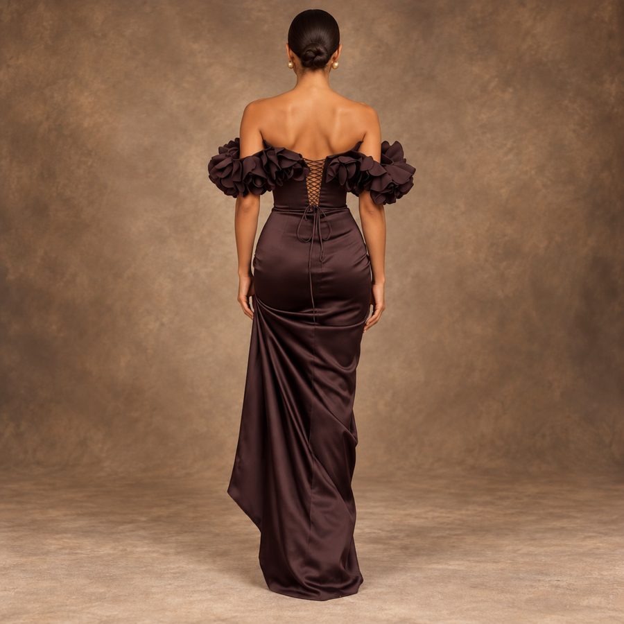 Chocolate Amour Floral Off-Shoulder Satin Mermaid Gown