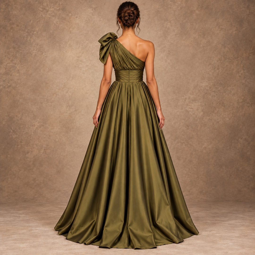Olive Green One-Shoulder High-Slit Maxi Dress