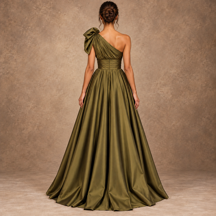 Olive Green One-Shoulder High-Slit Maxi Dress