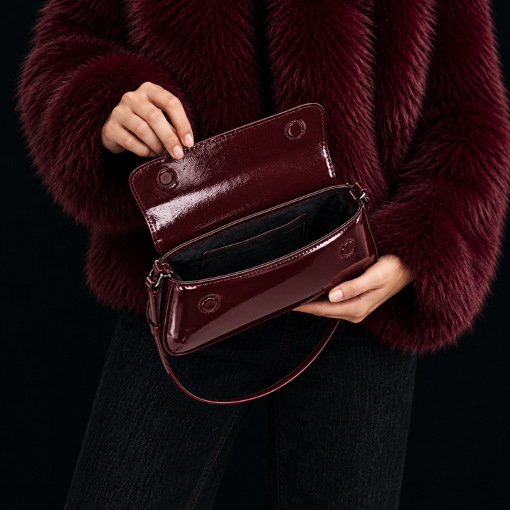 Crimson Promise Deep Burgundy Glossy Baguette Shoulder Bag