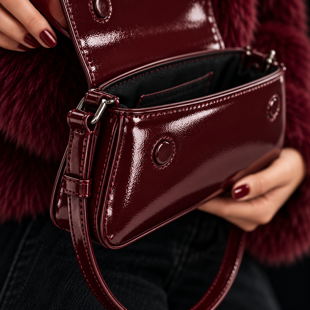 Crimson Promise Deep Burgundy Glossy Baguette Shoulder Bag
