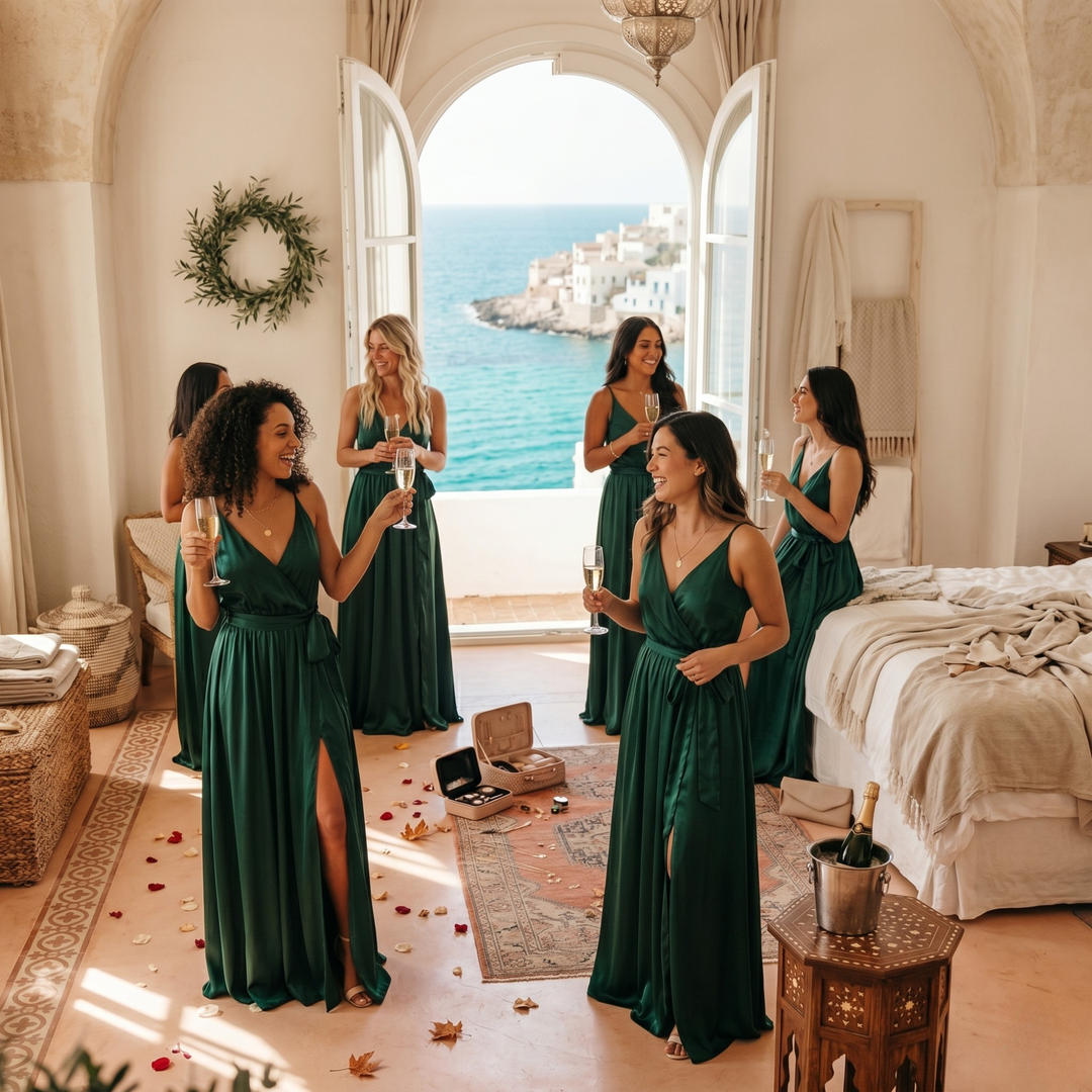 Emerald Embrace Bridesmaid Maxi Dress  —  Satin Tie-Waist with Slit
