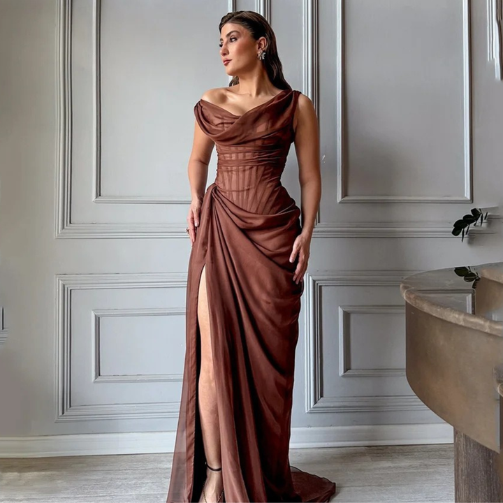 Chocolate Amour Draped Corset One-Shoulder Satin Gown – Destination Wedding Evening Dress