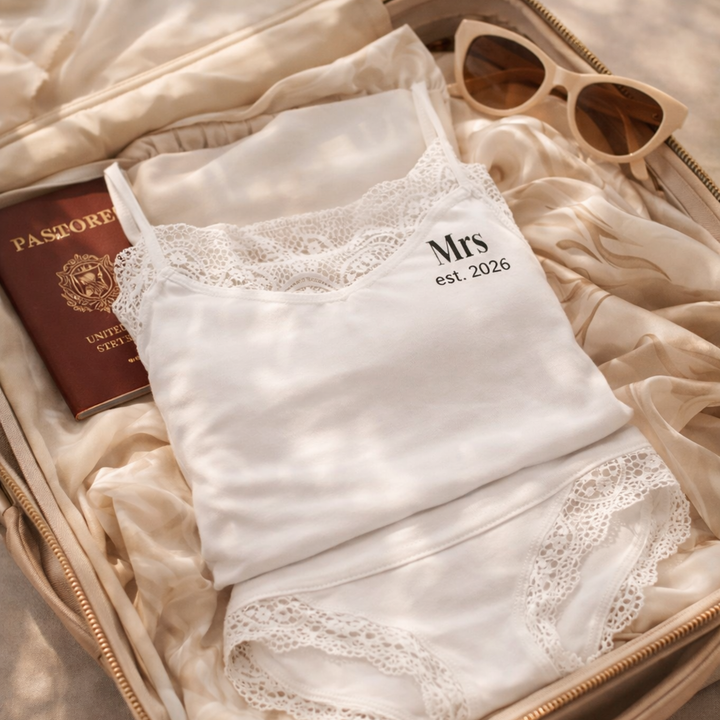 Pearl Union Mrs Est. 2026 Lace Trim Bridal Pajama Set  —  White Satin Cami & Shorts Wedding Loungewear