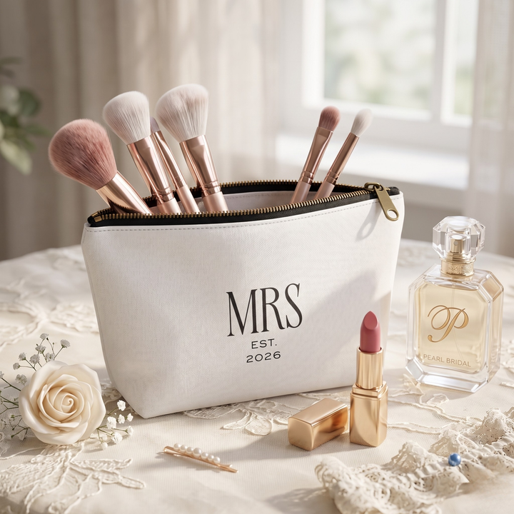 Pearl Union Bridal Cosmetic Pouch  —  Mrs Est. 2026 Travel Makeup & Accessory Bag