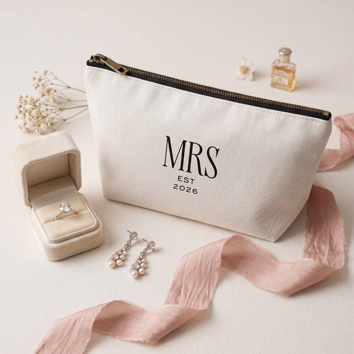 Pearl Union Bridal Cosmetic Pouch  —  Mrs Est. 2026 Travel Makeup & Accessory Bag