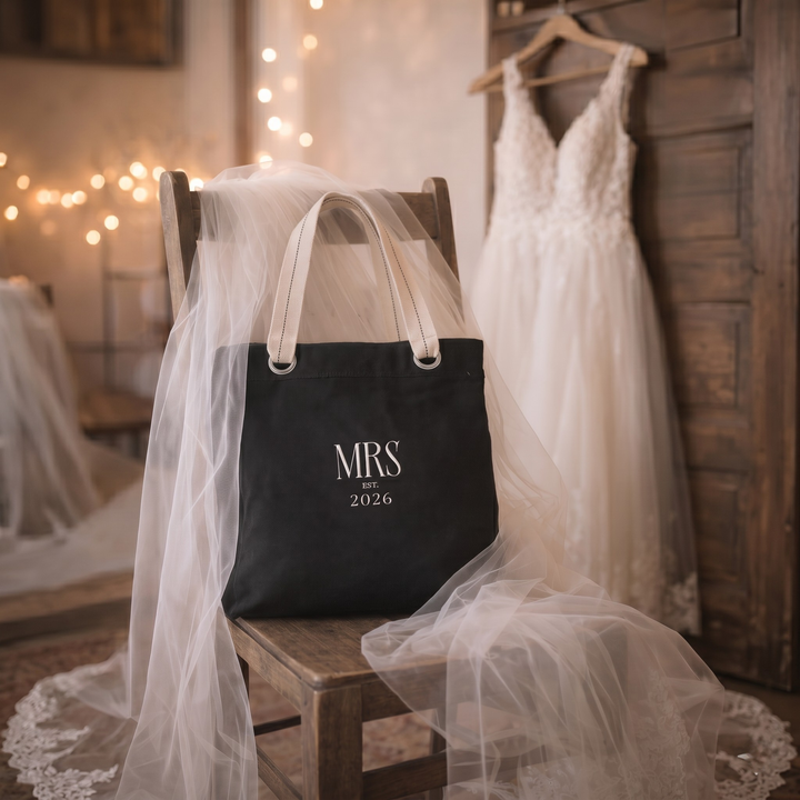 Midnight Union Bridal Extra Large Tote Bag  —  Mrs Est. 2026 Black Wedding Carryall for Honeymoon & Bridal Essentials